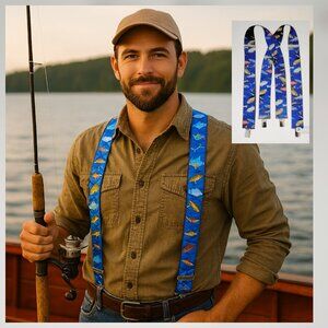 Heavy Duty Suspenders Braces Novelty All Over Fish Print Blue Background USA